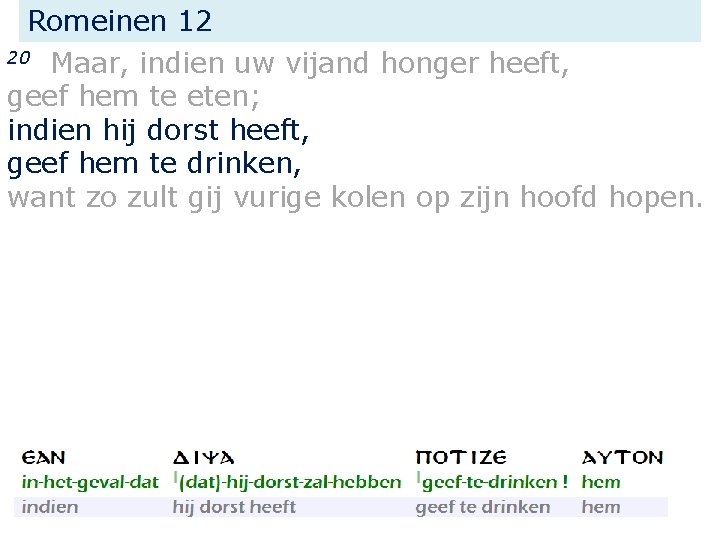 Romeinen 12 20 Maar, indien uw vijand honger heeft, geef hem te eten; indien