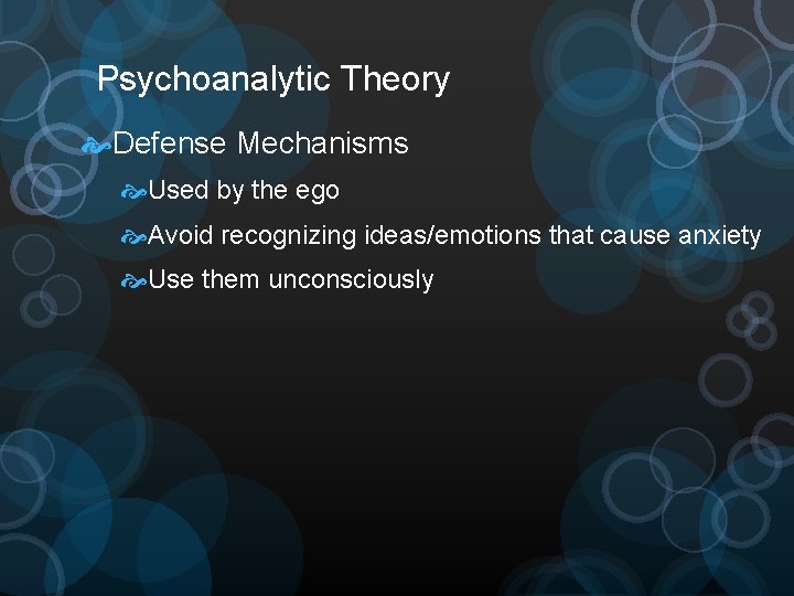 Psychoanalytic Theory Defense Mechanisms Used by the ego Avoid recognizing ideas/emotions that cause anxiety