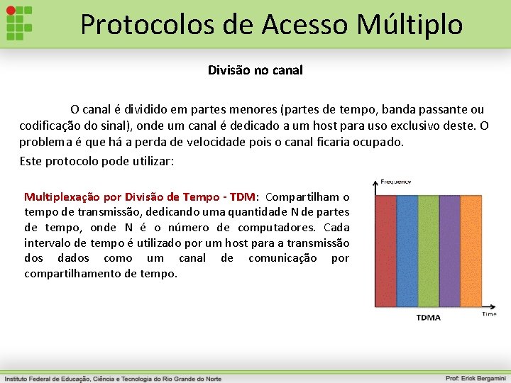 Protocolos de Acesso Múltiplo Divisão no canal O canal é dividido em partes menores