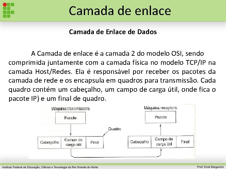 Camada de enlace Camada de Enlace de Dados A Camada de enlace é a