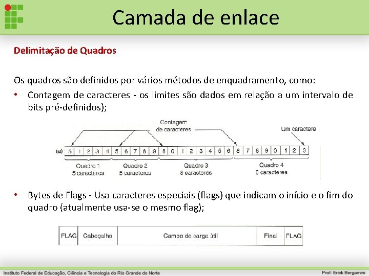 Camada de enlace Delimitação de Quadros Os quadros são definidos por vários métodos de