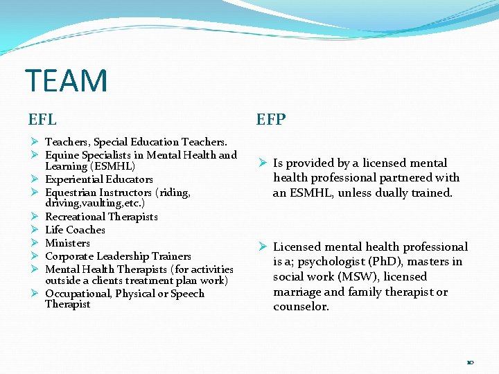 TEAM EFL Ø Teachers, Special Education Teachers. Ø Equine Specialists in Mental Health and