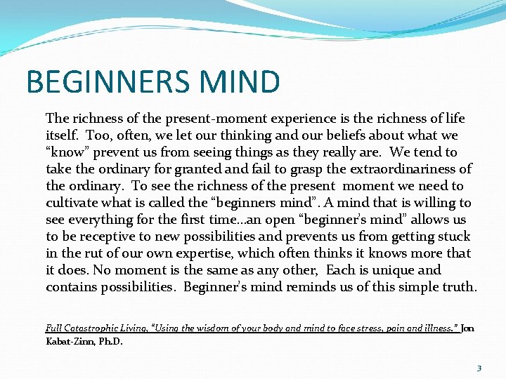 BEGINNERS MIND The richness of the present-moment experience is the richness of life itself.