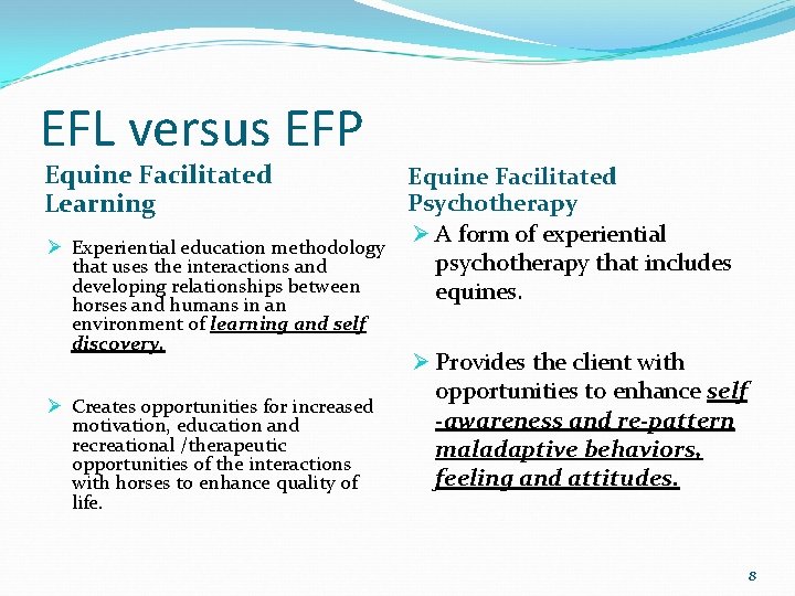 EFL versus EFP Equine Facilitated Learning Equine Facilitated Psychotherapy Ø A form of experiential