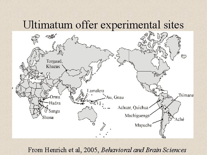 Ultimatum offer experimental sites From Henrich et al, 2005, Behavioral and Brain Sciences 