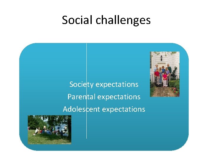 Social challenges Society expectations Parental expectations Adolescent expectations 