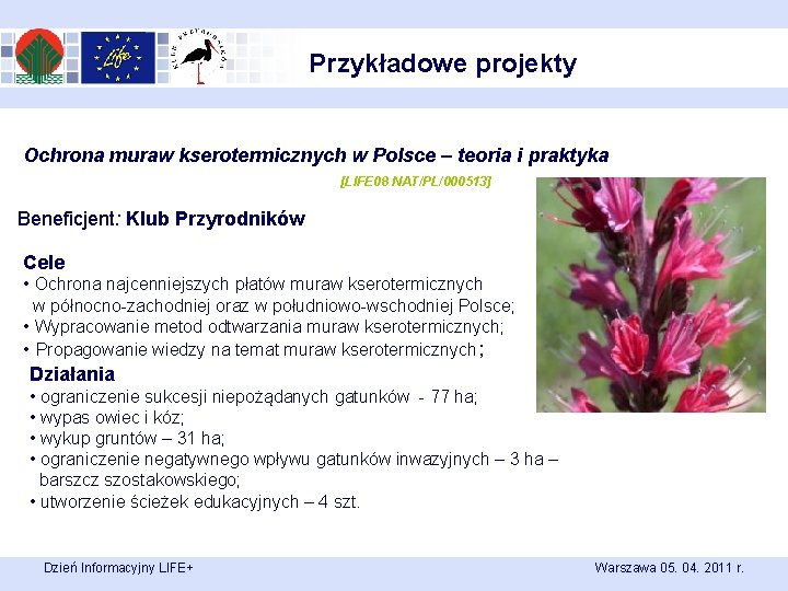 Przykładowe projekty Ochrona muraw kserotermicznych w Polsce – teoria i praktyka [LIFE 08 NAT/PL/000513]