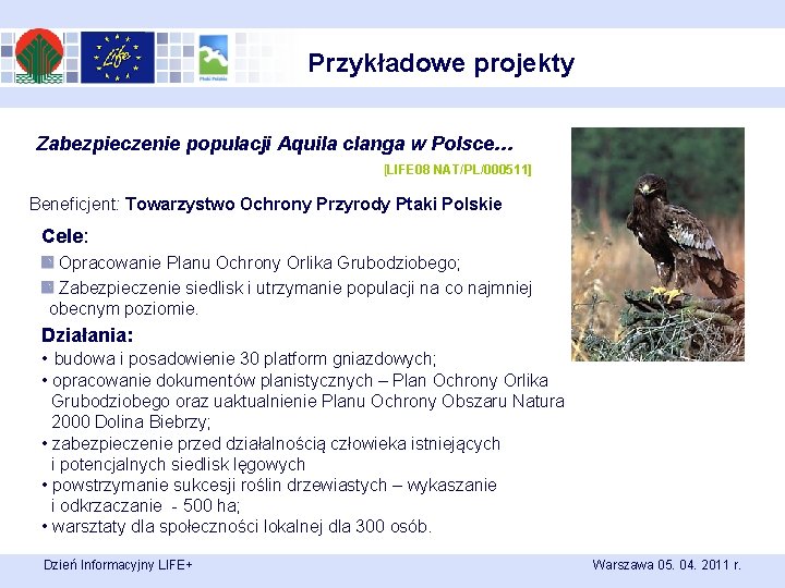 Przykładowe projekty Zabezpieczenie populacji Aquila clanga w Polsce… [LIFE 08 NAT/PL/000511] Beneficjent: Towarzystwo Ochrony