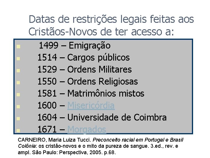 Datas de restrições legais feitas aos Cristãos-Novos de ter acesso a: n n n