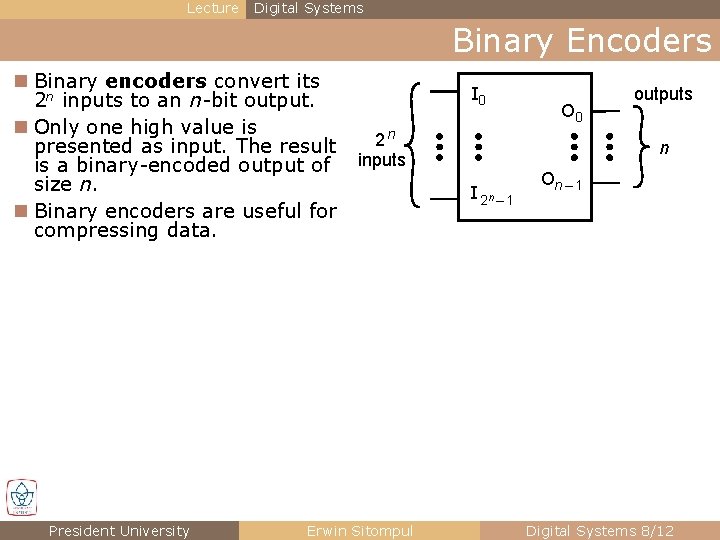 Lecture Digital Systems Binary Encoders n Binary encoders convert its 2 n inputs to