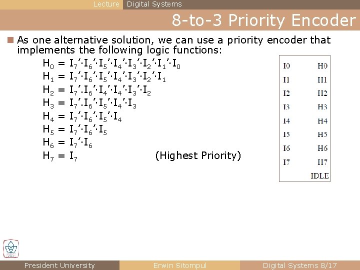 Lecture Digital Systems 8 -to-3 Priority Encoder n As one alternative solution, we can