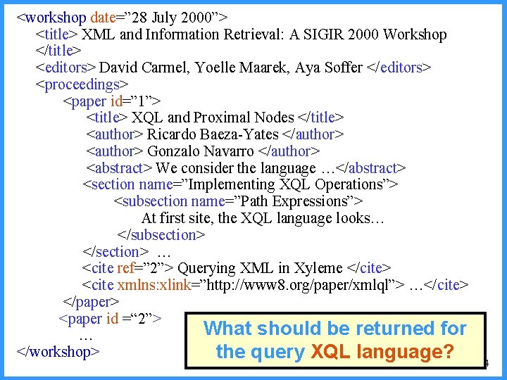 <workshop date=” 28 July 2000”> <title> XML and Information Retrieval: A SIGIR 2000 Workshop