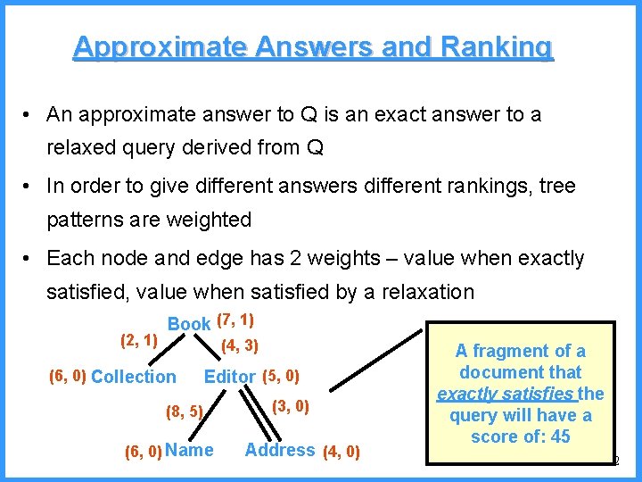 Approximate Answers and Ranking • An approximate answer to Q is an exact answer