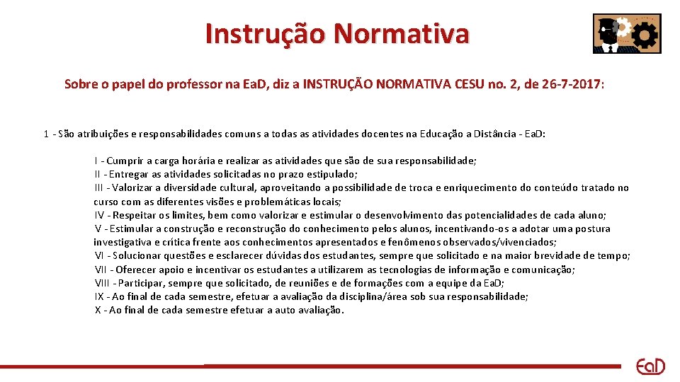 Instrução Normativa Sobre o papel do professor na Ea. D, diz a INSTRUÇÃO NORMATIVA