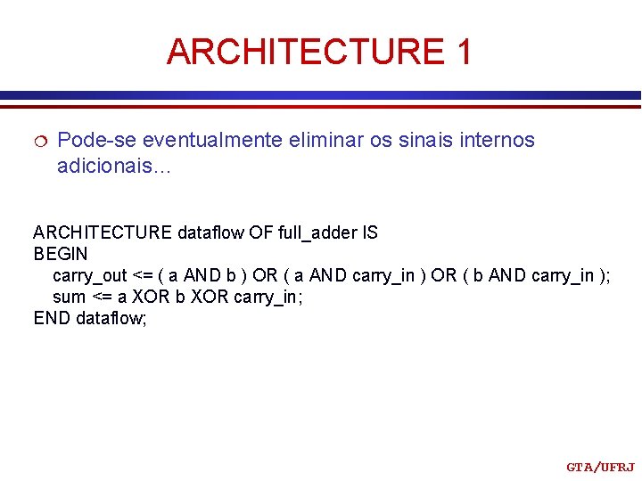 ARCHITECTURE 1 ¦ Pode-se eventualmente eliminar os sinais internos adicionais… ARCHITECTURE dataflow OF full_adder