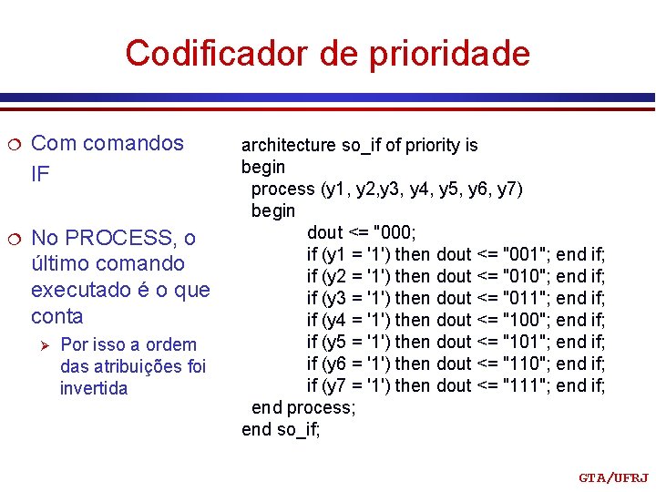 Codificador de prioridade ¦ Com comandos IF ¦ No PROCESS, o último comando executado