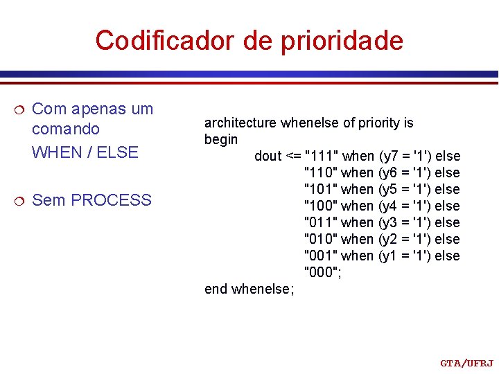 Codificador de prioridade ¦ Com apenas um comando WHEN / ELSE ¦ Sem PROCESS