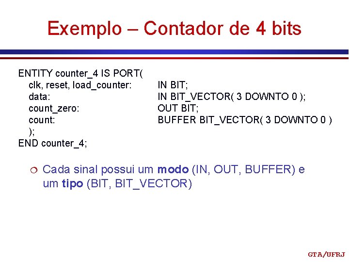 Exemplo – Contador de 4 bits ENTITY counter_4 IS PORT( clk, reset, load_counter: data: