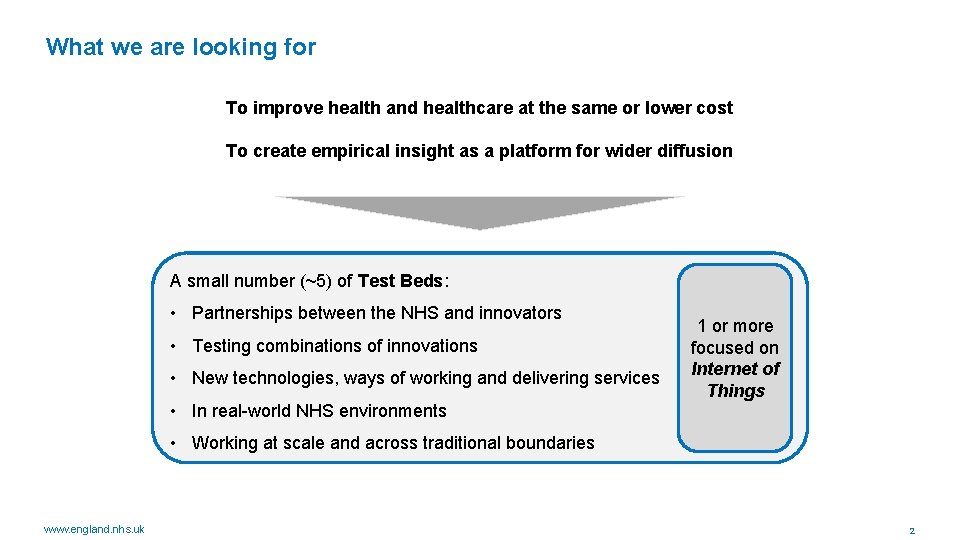 What we are looking for To improve health and healthcare at the same or