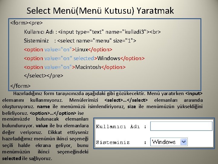 Select Menü(Menü Kutusu) Yaratmak <form><pre> Kullanıcı Adı : <input type="text" name="kulladi 3"> Sisteminiz :