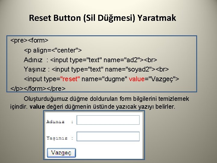 Reset Button (Sil Düğmesi) Yaratmak <pre><form> <p align=<"center"> Adınız : <input type="text" name="ad 2">