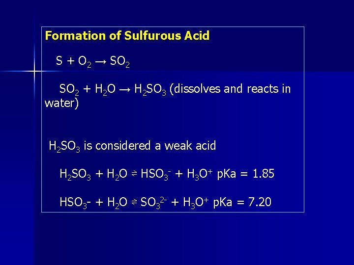 Formation of Sulfurous Acid S + O 2 → SO 2 + H 2