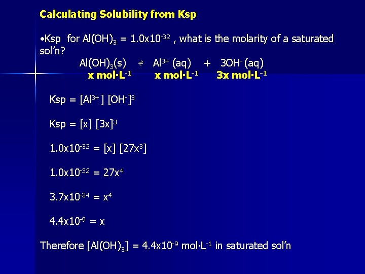 Calculating Solubility from Ksp • Ksp for Al(OH)3 = 1. 0 x 10 -32