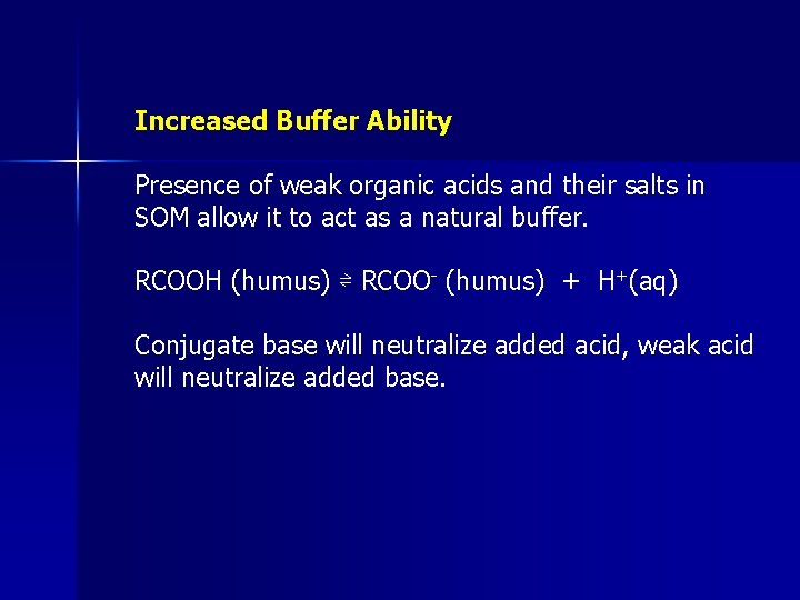 Increased Buffer Ability Presence of weak organic acids and their salts in SOM allow