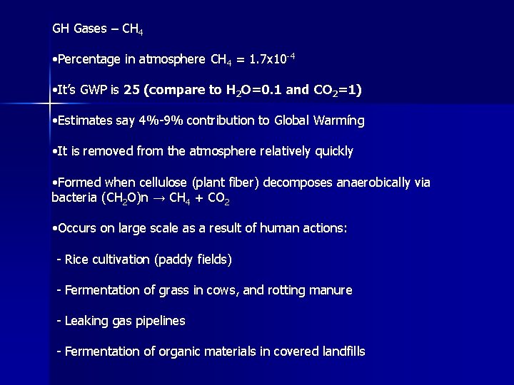 GH Gases – CH 4 • Percentage in atmosphere CH 4 = 1. 7