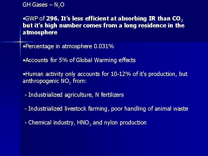 GH Gases – N 2 O • GWP of 296. It’s less efficient at