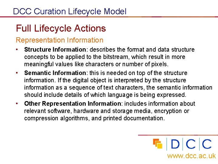 DCC Curation Lifecycle Model Full Lifecycle Actions Representation Information • • • Structure Information: