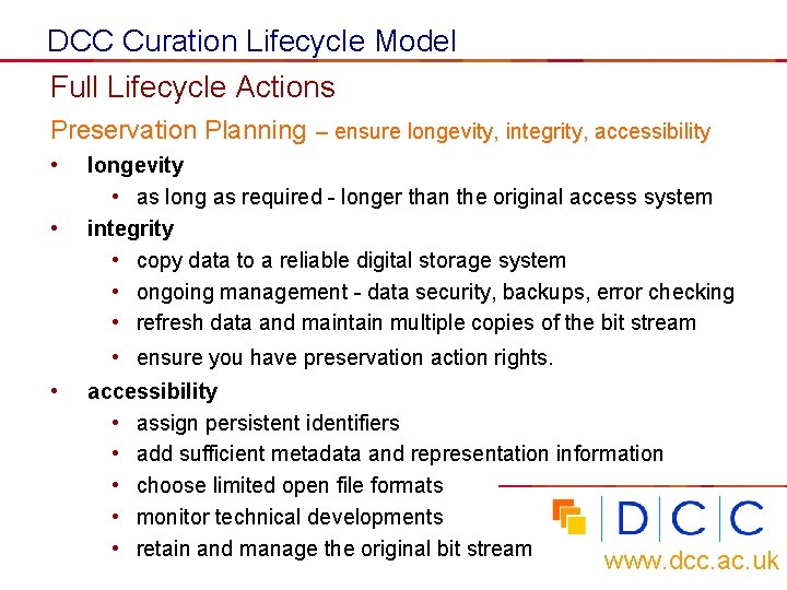 DCC Curation Lifecycle Model Full Lifecycle Actions Preservation Planning – ensure longevity, integrity, accessibility