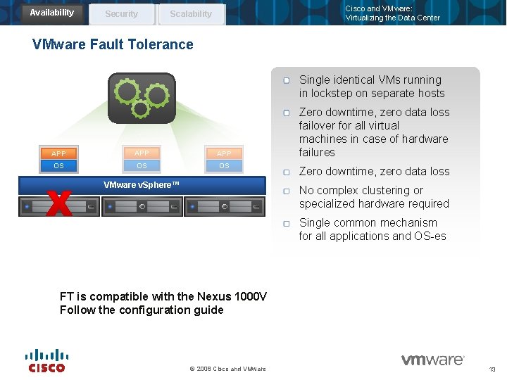Availability Security Cisco and VMware: Virtualizing the Data Center Scalability VMware Fault Tolerance Single