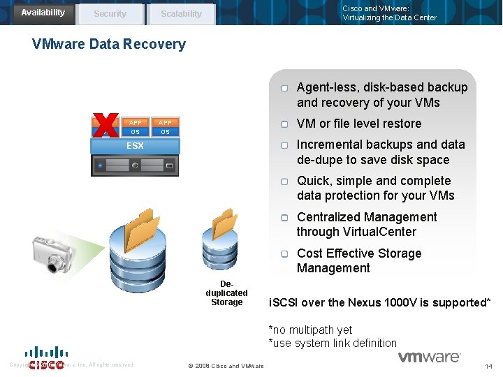 Availability Security Cisco and VMware: Virtualizing the Data Center Scalability VMware Data Recovery Agent-less,