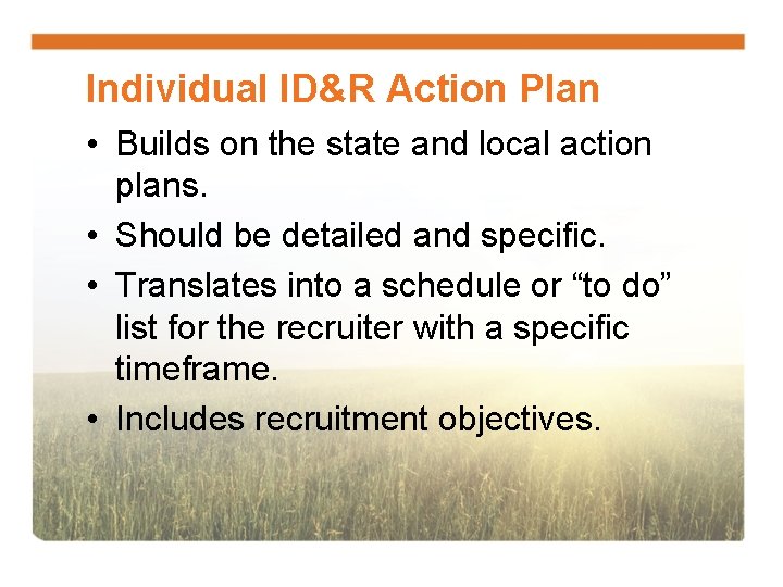 Individual ID&R Action Plan • Builds on the state and local action plans. •