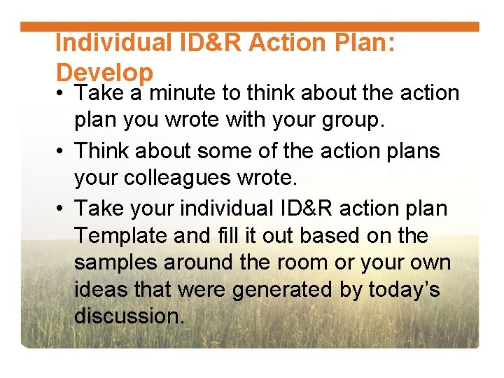 Individual ID&R Action Plan: Develop • Take a minute to think about the action