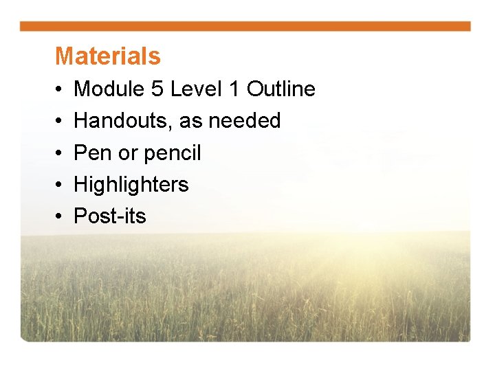 Materials • • • Module 5 Level 1 Outline Handouts, as needed Pen or