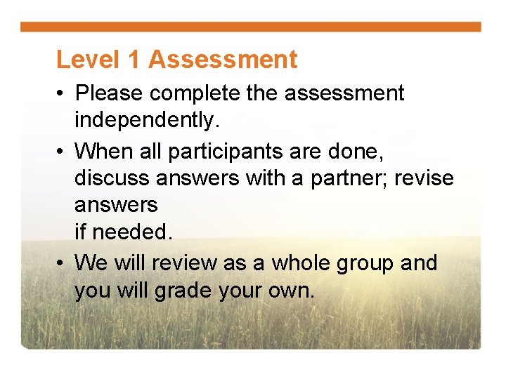 Level 1 Assessment • Please complete the assessment independently. • When all participants are
