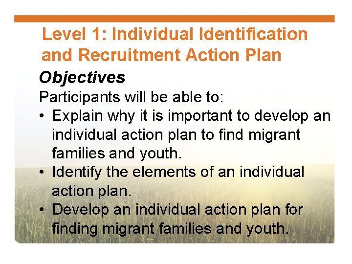 Level 1: Individual Identification and Recruitment Action Plan Objectives Participants will be able to: