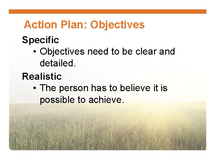 Action Plan: Objectives Specific • Objectives need to be clear and detailed. Realistic •