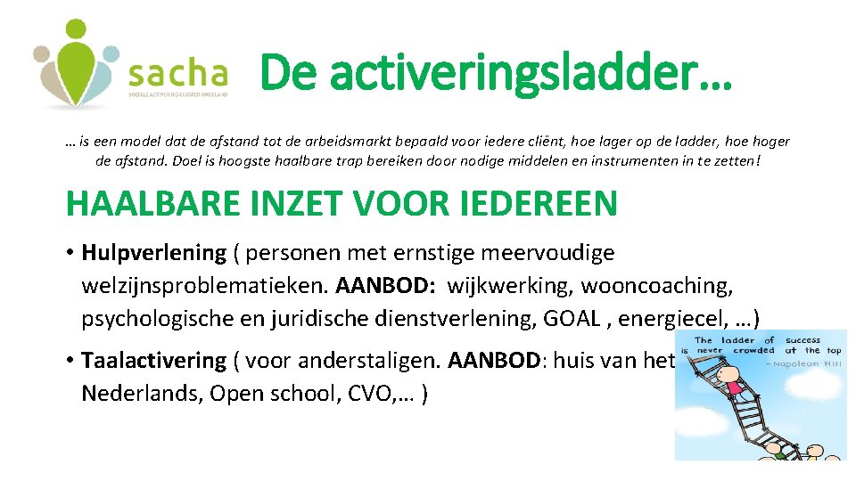 De activeringsladder… … is een model dat de afstand tot de arbeidsmarkt bepaald voor