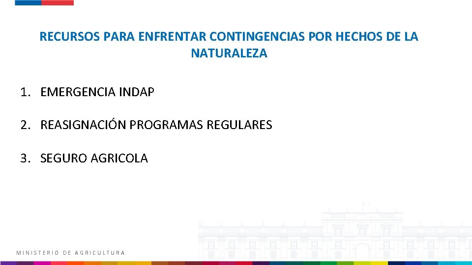 RECURSOS PARA ENFRENTAR CONTINGENCIAS POR HECHOS DE LA NATURALEZA 1. EMERGENCIA INDAP 2. REASIGNACIÓN