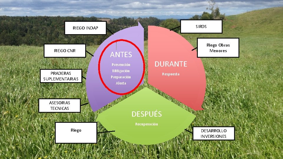 SIRDS RIEGO INDAP RIEGO CNR PRADERAS SUPLEMENTARIAS ASESORIAS TECNICAS ANTES Prevención Mitigación Preparación Alerta