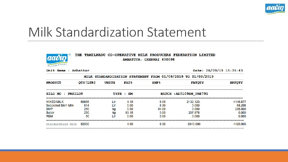 Milk Standardization Statement 