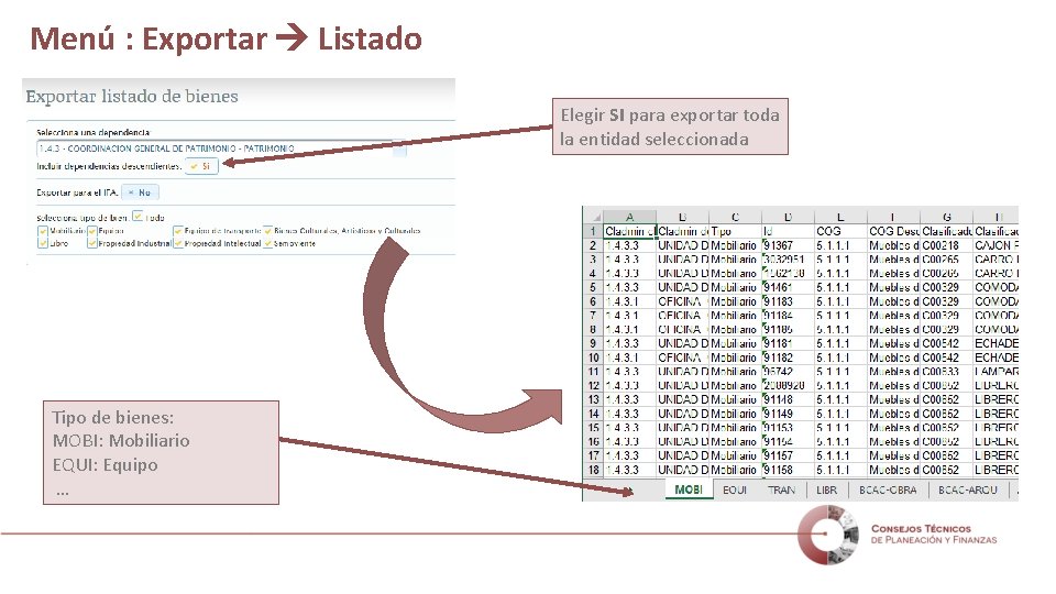 Menú : Exportar Listado Elegir SI para exportar toda la entidad seleccionada Tipo de