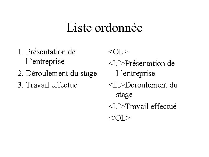 Liste ordonnée 1. Présentation de l ’entreprise 2. Déroulement du stage 3. Travail effectué