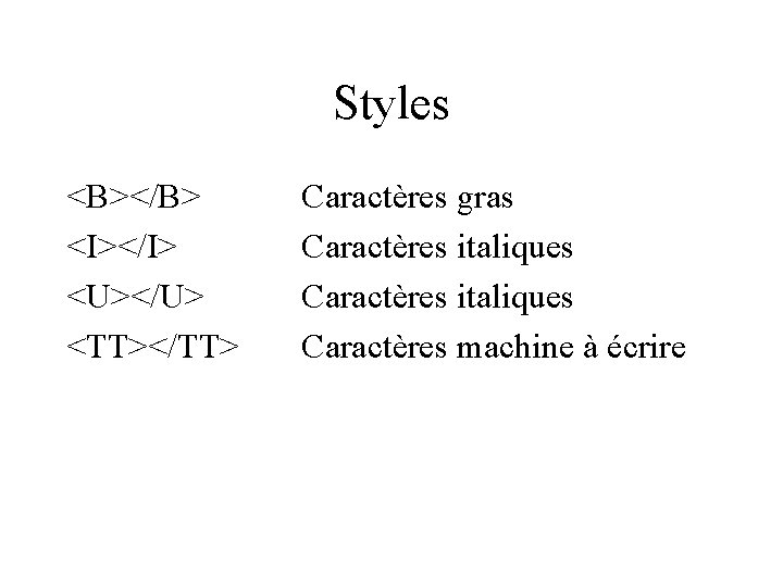 Styles <B></B> <I></I> <U></U> <TT></TT> Caractères gras Caractères italiques Caractères machine à écrire 