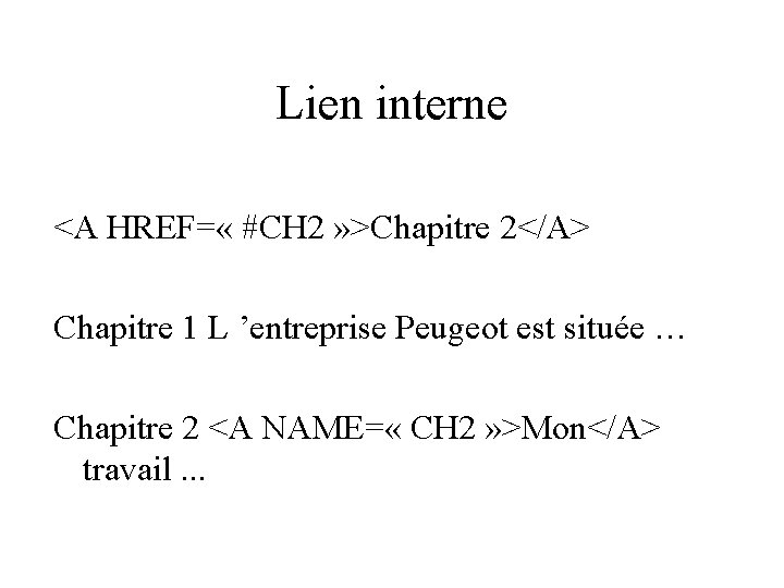 Lien interne <A HREF= « #CH 2 » >Chapitre 2</A> Chapitre 1 L ’entreprise