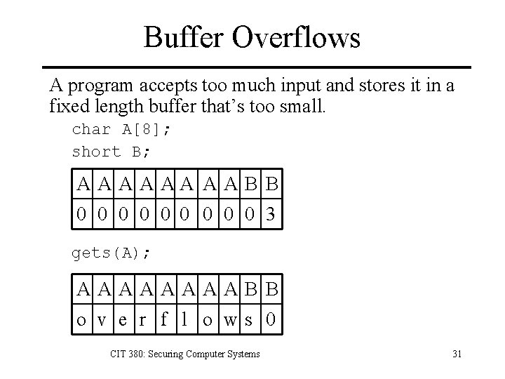 Buffer Overflows A program accepts too much input and stores it in a fixed