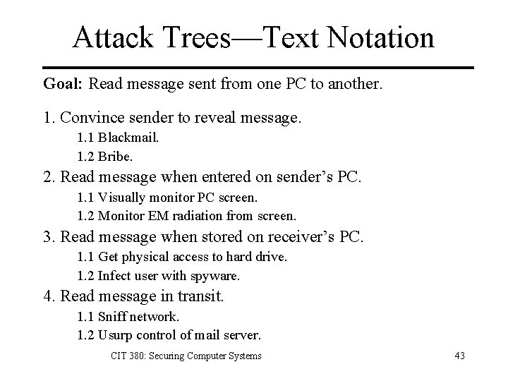 Attack Trees—Text Notation Goal: Read message sent from one PC to another. 1. Convince